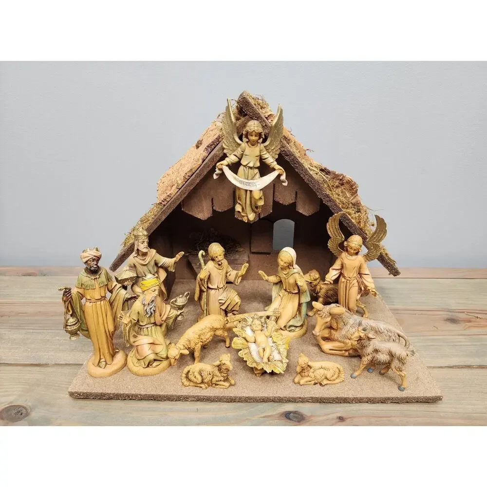 Vintage Fontanini Italian Resin Nativity Figurines & wood Manger/creche 15 piece